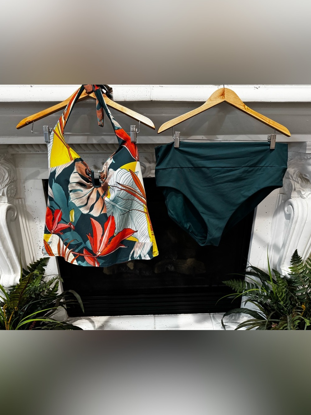 CALIA Floral Halter Tankini Top and Dark Teal High-Waist Bikini Bottoms